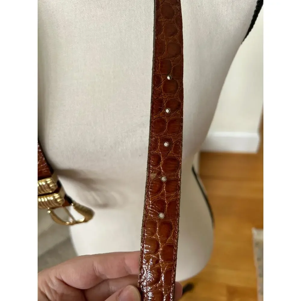 Vintage Brown Croc-Embossed Leather Belt with Gold Buckle